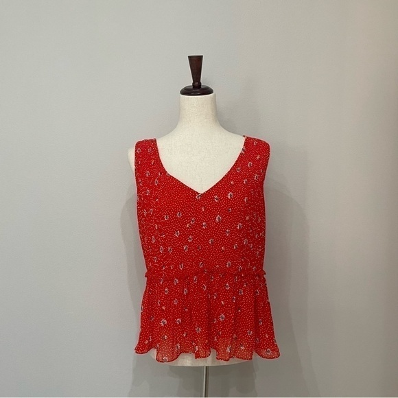 ZARA Red Floral Daisy Printed Pleated Sleeveless Blouse V-Neck Top Size Small - Picture 4 of 14